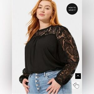 NWT Torrid Georgette Mock Neck Lace Yoke Long Sleeve Blouse, Sz 14/16 Black